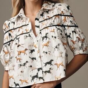 NWT Anthropologie Leandra Shirred Yoke Blouse In Dog Print